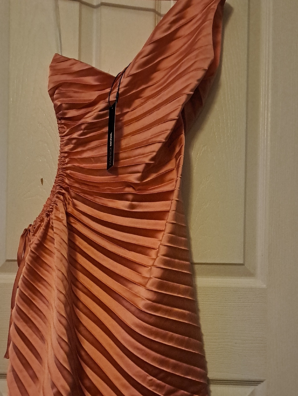 Fashion Nova One-Shoulder Pleated Satin Dress in Rust Orange